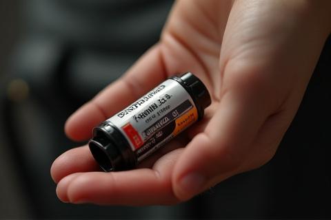 A hand holding a roll of 35mm film, ready to load into a camera.