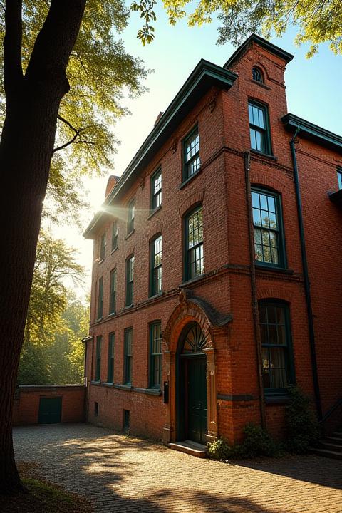 Historic brick building with intricate details, sunlight and shadows.