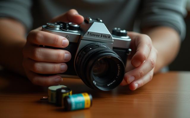 Hands-on learning with a 35mm manual SLR camera, film rolls visible.