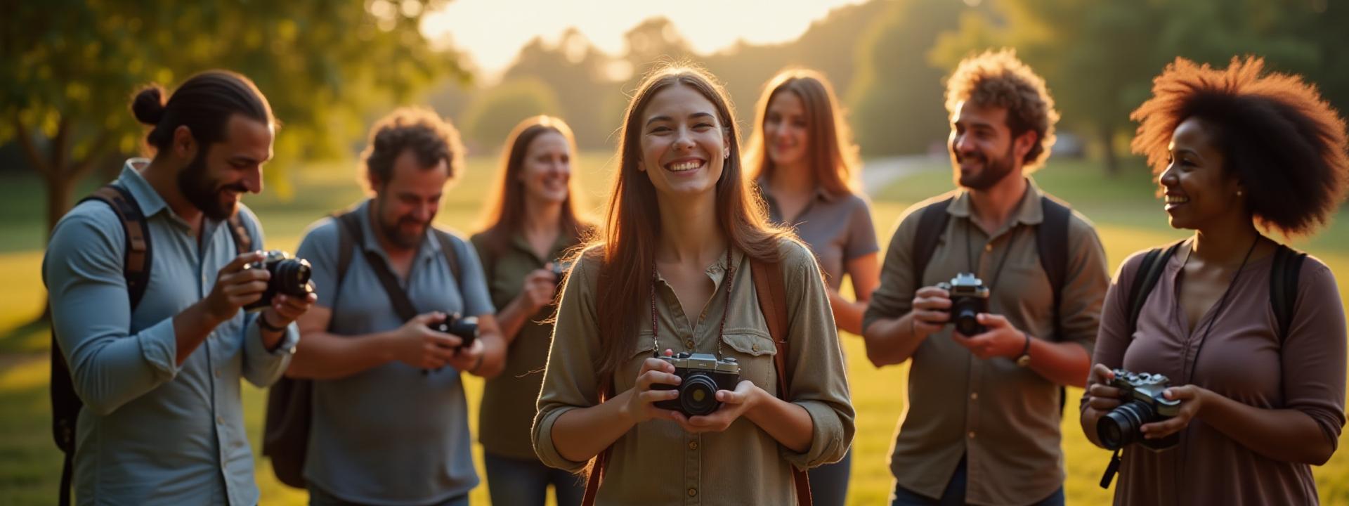 A diverse group of film photographers with vintage cameras, laughing and shooting together outdoors in Delaware.