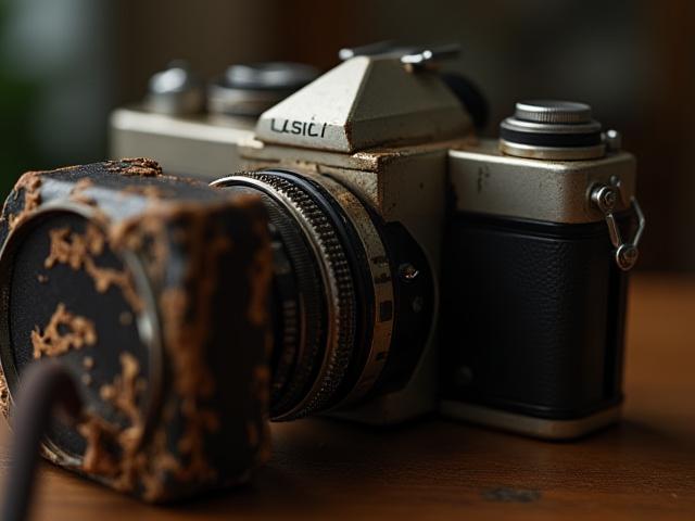 Close-up of a vintage camera with peeling leatherette and visible brassing on the edges.