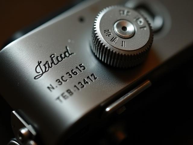Close-up of a vintage Leica M3 camera's detailed engravings, highlighting serial numbers.