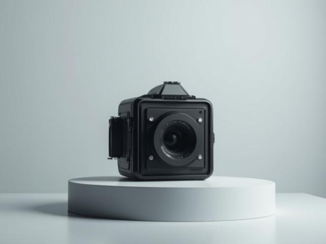 A pristine Hasselblad 501CM medium format camera sitting elegantly on a minimalist display stand.