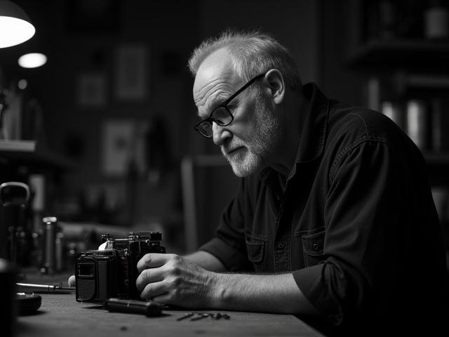 Gary P Grieco, a master craftsman, thoughtfully inspecting a vintage camera at his workbench.